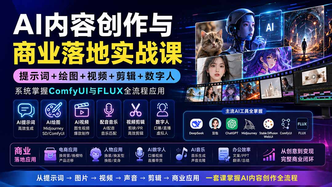 AI内容创作与商业落地实战课:提示词+绘图+视频+剪辑+数字人,系统掌握ComfyUI与FLUX全流程应用-800资源网