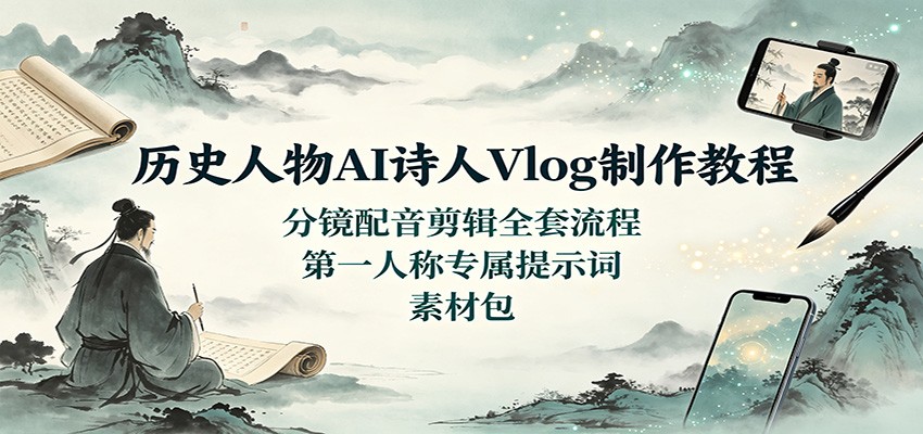 历史人物AI诗人Vlog制作教程:分镜配音剪辑全套流程,第一人称专属提示词素材包-800资源网