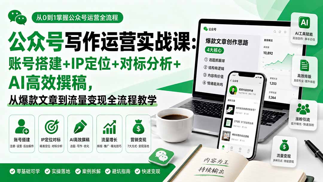 公众号写作运营实战课:账号搭建+IP定位+对标分析+AI高效撰稿,从爆款文章到流量变现全流程教学-800资源网