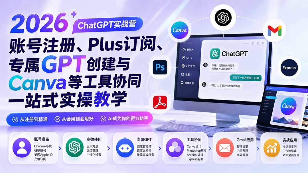 2026 ChatGPT实战营;账号注册、Plus订阅、专属GPT创建与Canva等工具协同一站式实操教学-800资源网