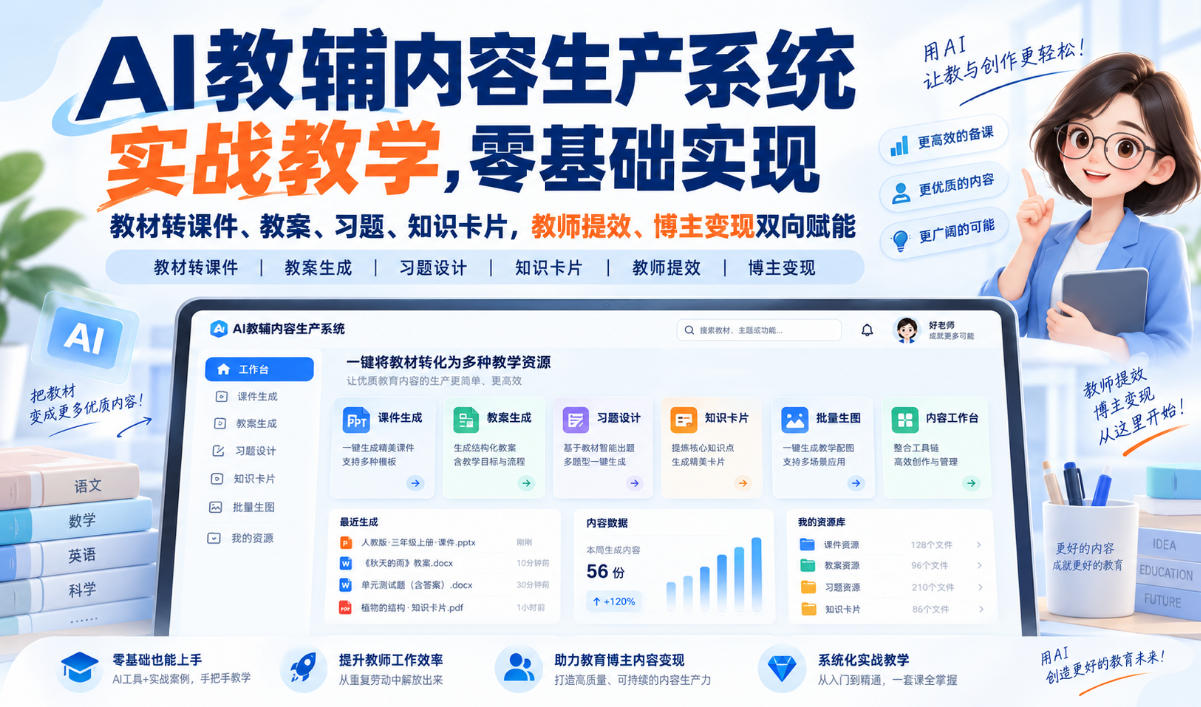 AI教辅内容生产系统实战教学，零基础实现教材转课件、教案、习题、知识卡片，教师提效、博主变现双向赋能（更新0922）