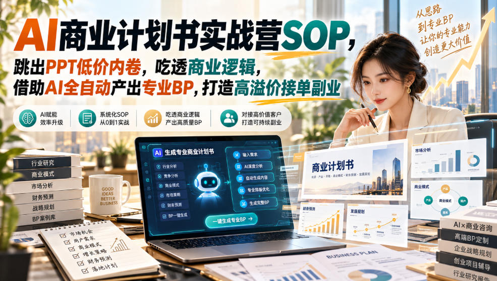 【无水印】AI商业计划书实战营SOP，跳出PPT低价内卷，吃透商业逻辑，借助AI全自动产出专业BP，打造高溢价接单副业