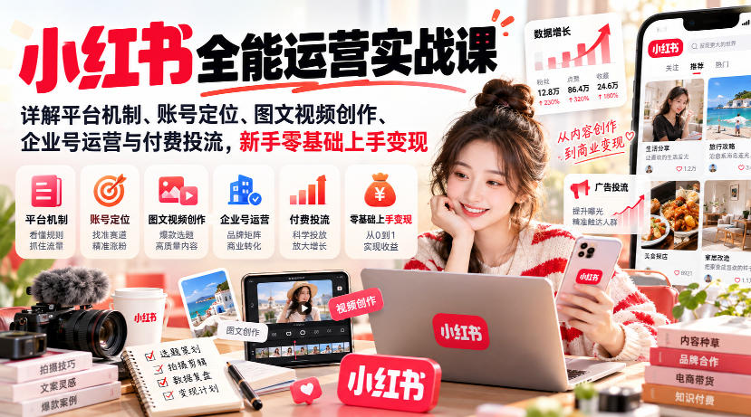 小红书全能运营实战课，详解平台机制、账号定位、图文视频创作、企业号运营与付费投流，新手零基础上手变现