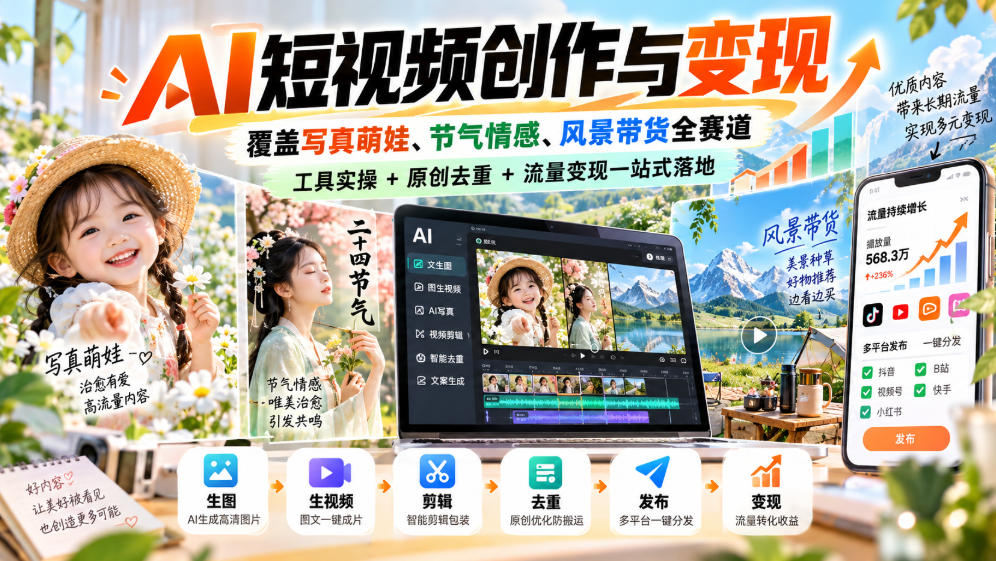 AI短视频创作与变现，覆盖写真萌娃、节气情感、风景带货全赛道，工具实操+原创去重+流量变现一站式落地