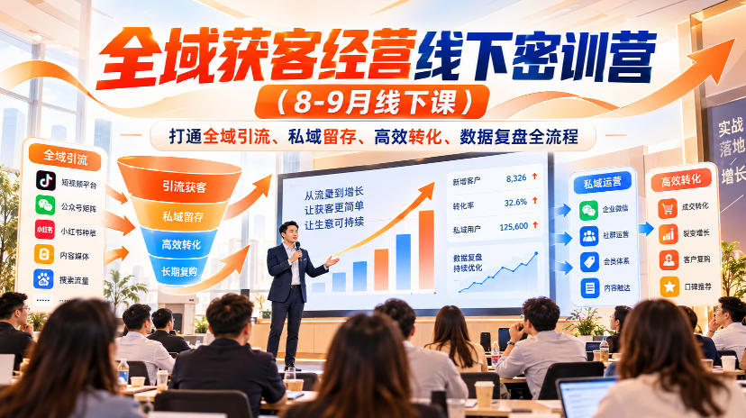 全域获客经营线下密训营（8-9月线下课），打通全域引流、私域留存、高效转化、数据复盘全流程