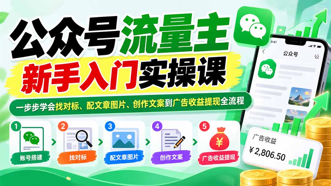 （20816期）公众号流量主新手入门实操课：一步步学会找对标、配文章图片、创作文案到广告收益提现全流程