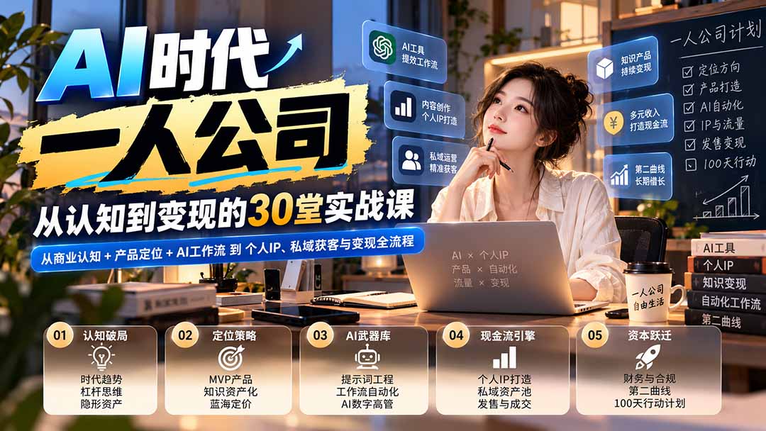（20847期）【无水印】AI时代一人公司30堂实战课：从商业认知+产品定位+AI工作流到个人IP、私域获客与变现全流程