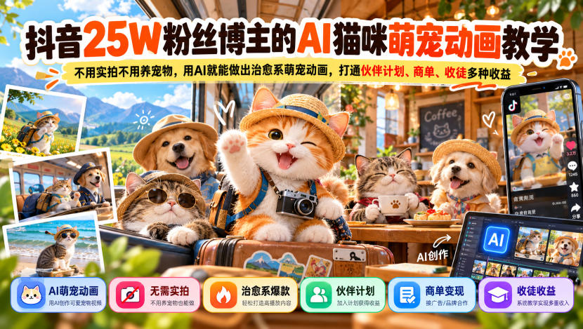 抖音25W粉丝博主的AI猫咪萌宠动画教学，不用实拍不用养宠物，用AI就能做出治愈系萌宠动画，打通伙伴计划、商单、收徒多种收益