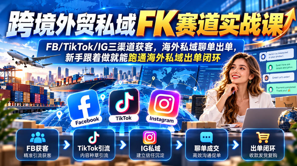 跨境外贸私域FK赛道实战课｜FB/TikTok/IG三渠道获客，海外私域聊单出单，新手跟着做就能跑通海外私域出单闭环