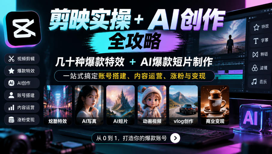 剪映实操+AI创作全攻略｜几十种爆款特效+AI爆款短片制作，一站式搞定账号搭建、内容运营、涨粉与变现