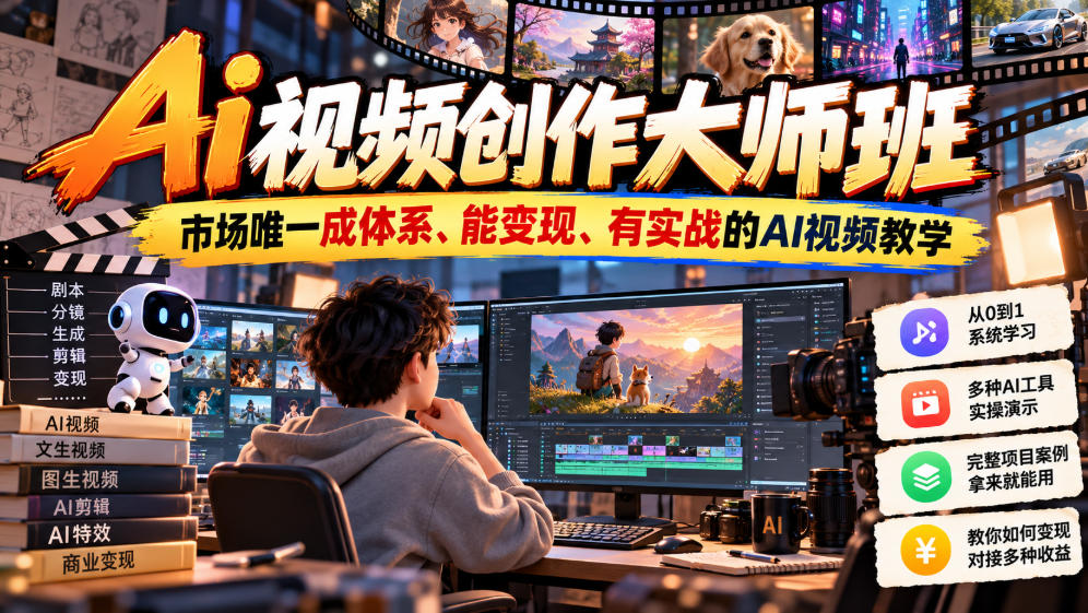 Ai视频创作大师班，市场唯一成体系、能变现、有实战的AI视频教学（更新2026）