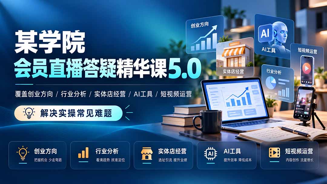 （21097期）某学院会员直播答疑精华课5.0：覆盖创业方向、行业分析、实体店经营、AI工具和短视频运营，解决实操常见难题！