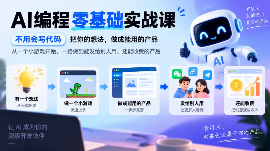 AI编程零基础实战课，不用会写代码，把你的想法，做成能用的产品，从一个小游戏开始，一路做到能发给别人用、还能收费的产品